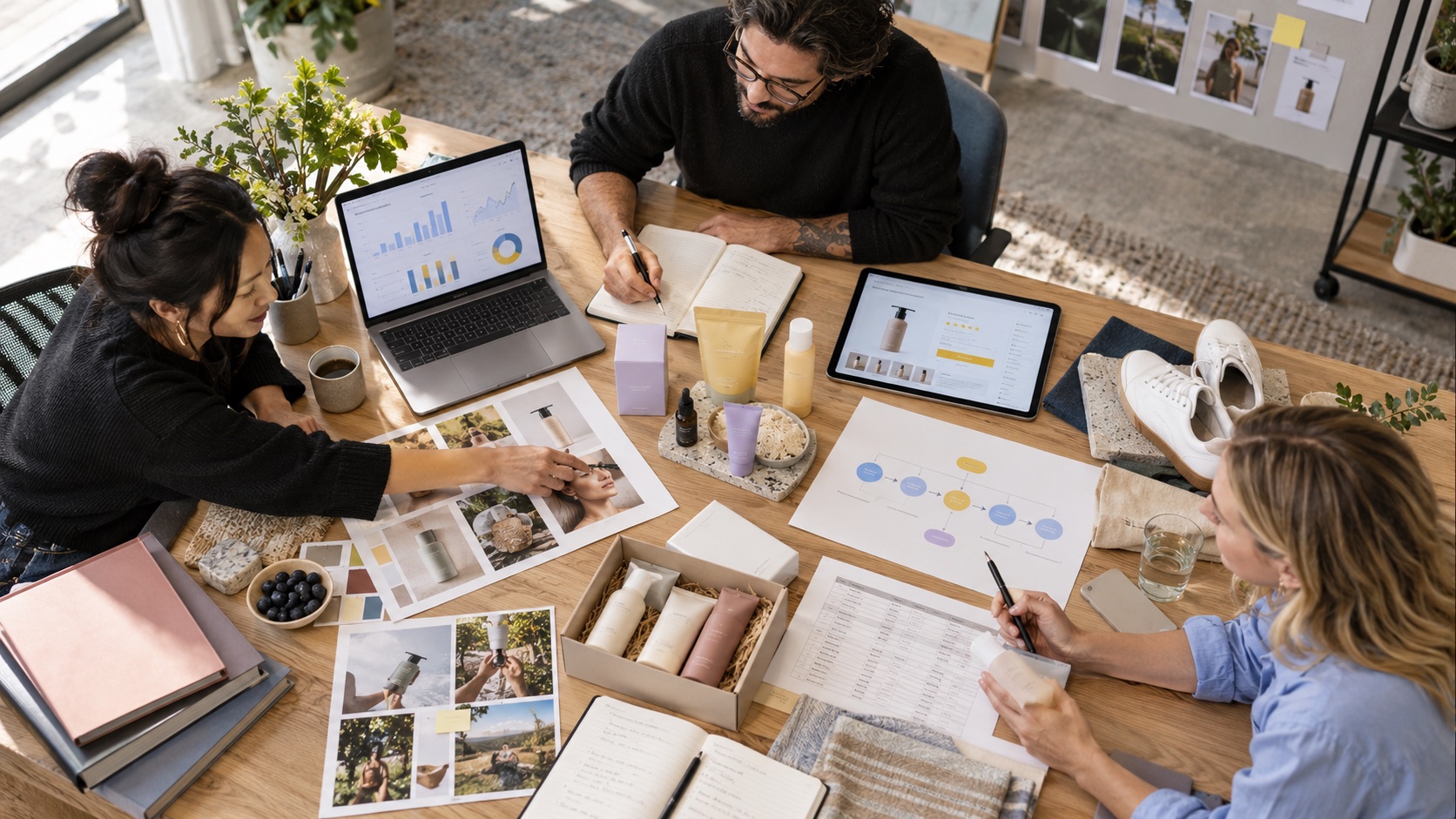 Specialists collaborating around product, analytics, creative, lifecycle, and marketplace execution